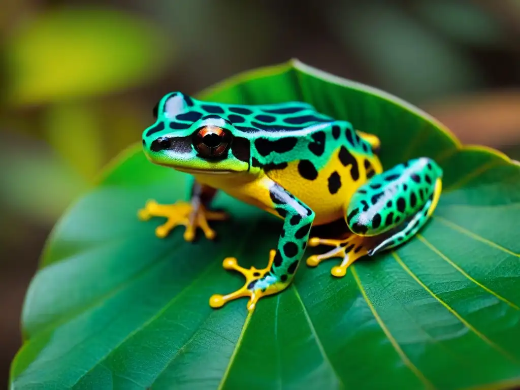 Detalle asombroso: rana dardo venenosa en la selva de Uruguay Pequeña rana venenosa en hoja de la selva de Uruguay, destacando colores vibrantes y texturas