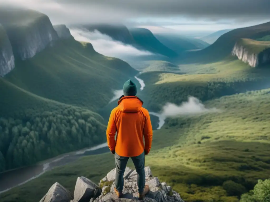 Señal de rescate: reflejo de esperanza en acantilado verde Persona en acantilado con señal de socorro en camping