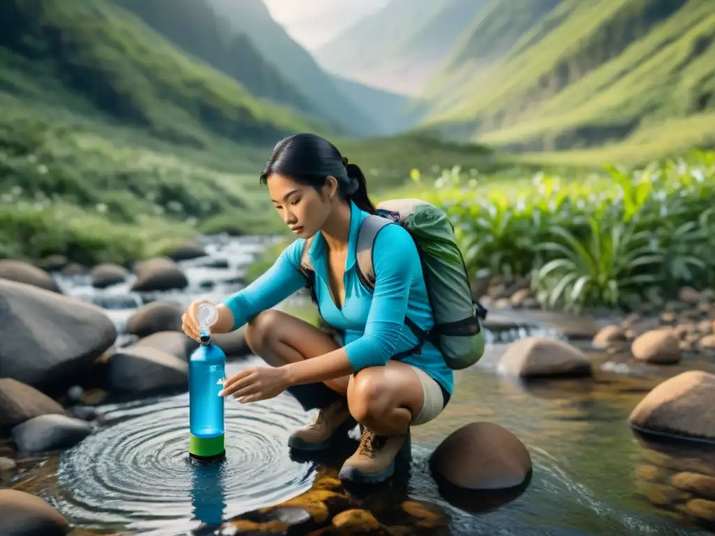 Creando agua pura en la naturaleza: purificador portátil DIY Persona vierte agua de arroyo en purificador agua portátil casero en entorno natural