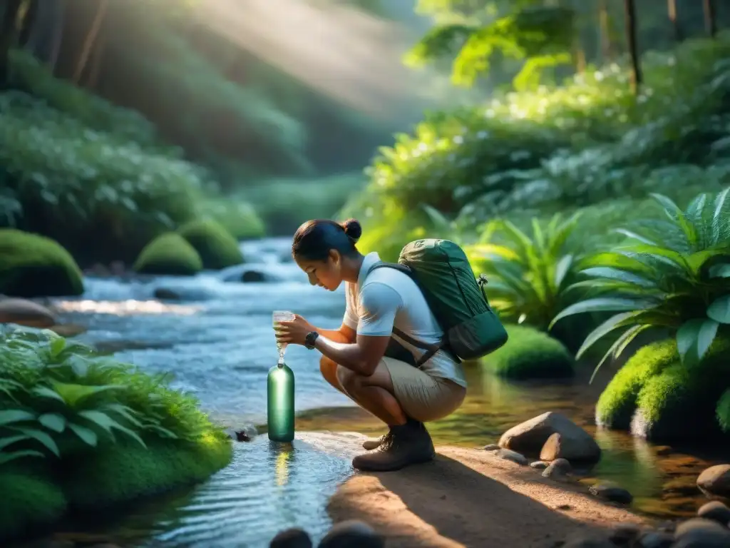 Refrescante conexión: persona bebiendo agua de arroyo en el bosque Persona bebiendo agua fresca de arroyo en el bosque, rodeada de vegetación exuberante