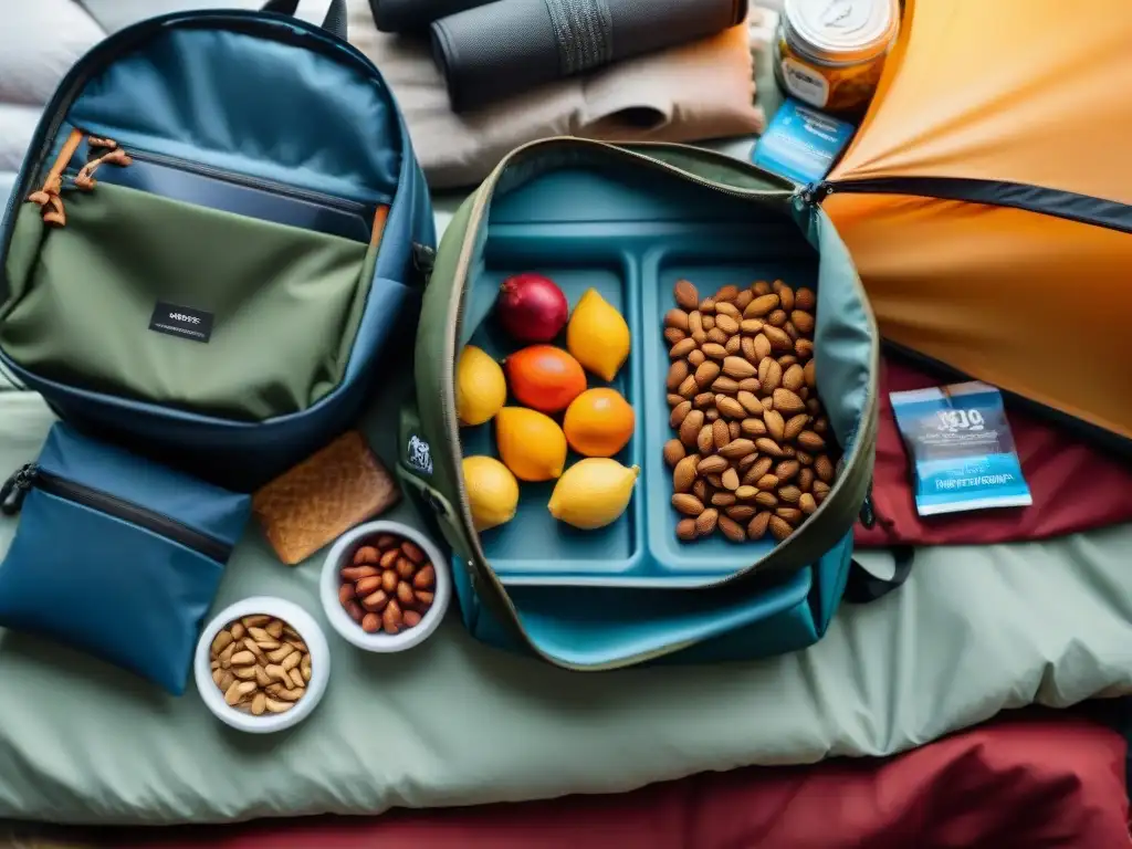 Preparando la mochila: alimentos esenciales para acampar en Uruguay Persona empacando alimentos esenciales para travesías camping en Uruguay