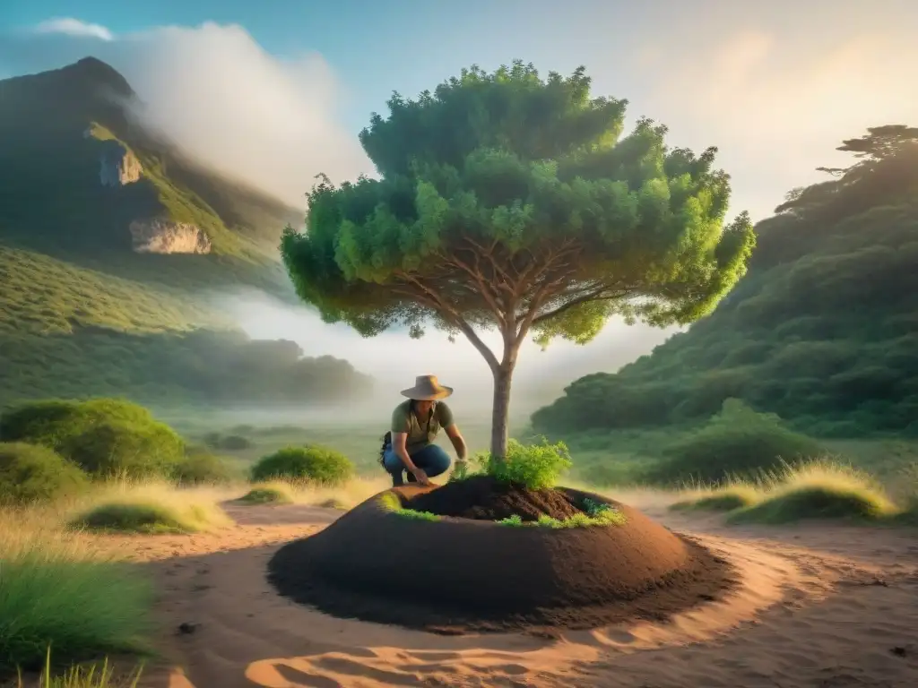 Plantando un árbol nativo en Uruguay Persona plantando árbol nativo en bosque de Uruguay durante camping, expresando conservación árboles y naturaleza