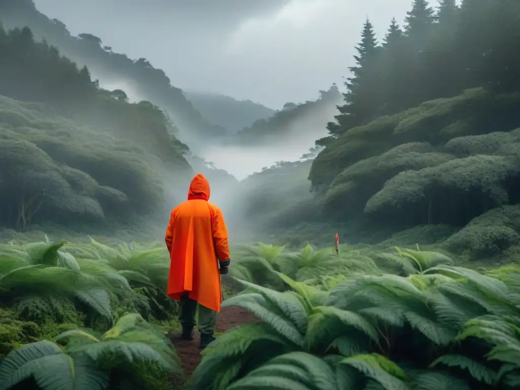 Sobreviviente en bosque uruguayo: señal de ayuda desesperada Persona en bosque uruguayo, señalizando ayuda con bandera roja en claro, rodeado de vegetación densa