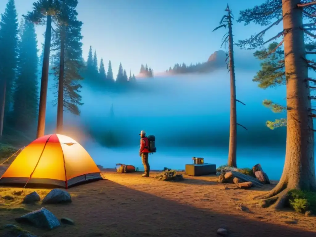 Señales de Emergencia en Campamento: ¡SOS en la Naturaleza! Persona en campamento en la naturaleza haciendo señales de socorro con espejo, silbato y bandera colorida