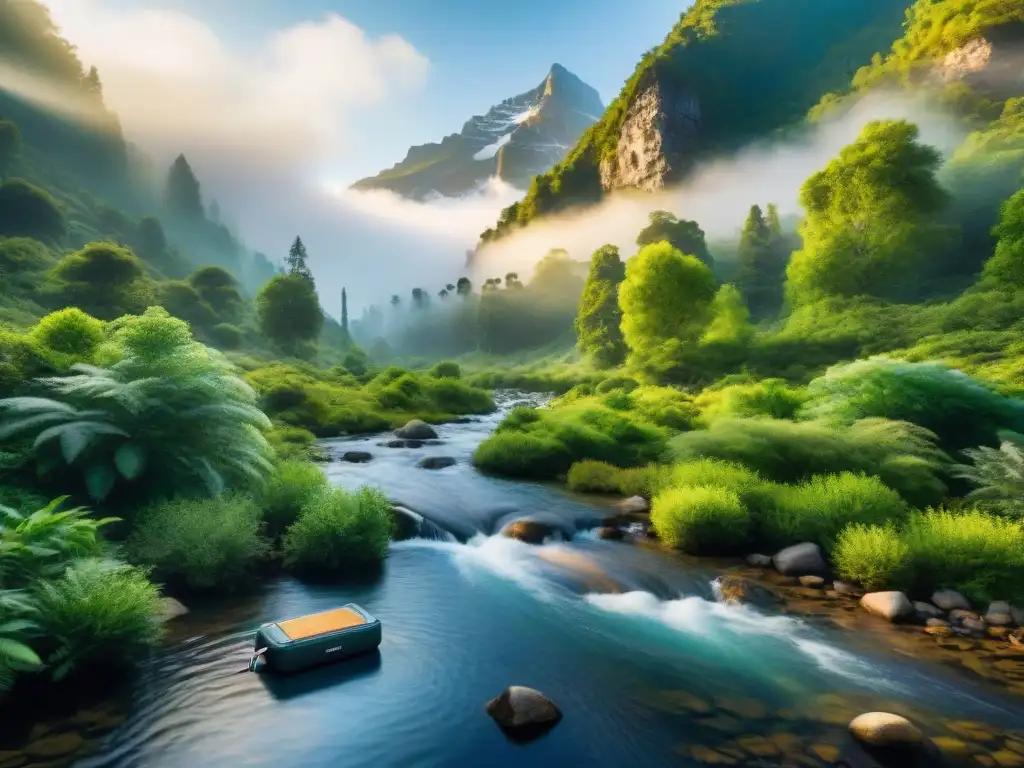 Pureza en la naturaleza: filtrado de agua en camping Persona en camping purifica agua de arroyo en la selva con filtro de agua de alta tecnología, resaltando filtros de agua para camping