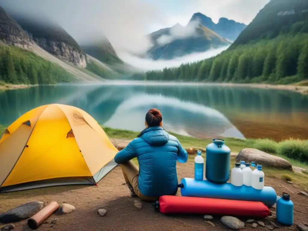 Montaje de filtro de agua en camping: Detalles en cada paso Persona en camping montando filtro de agua por gravedad