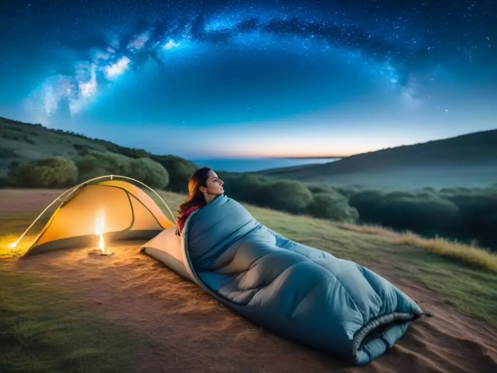 Tranquilo sueño bajo las estrellas en Uruguay Persona durmiendo bajo las estrellas en Uruguay con las mejores bolsas de dormir