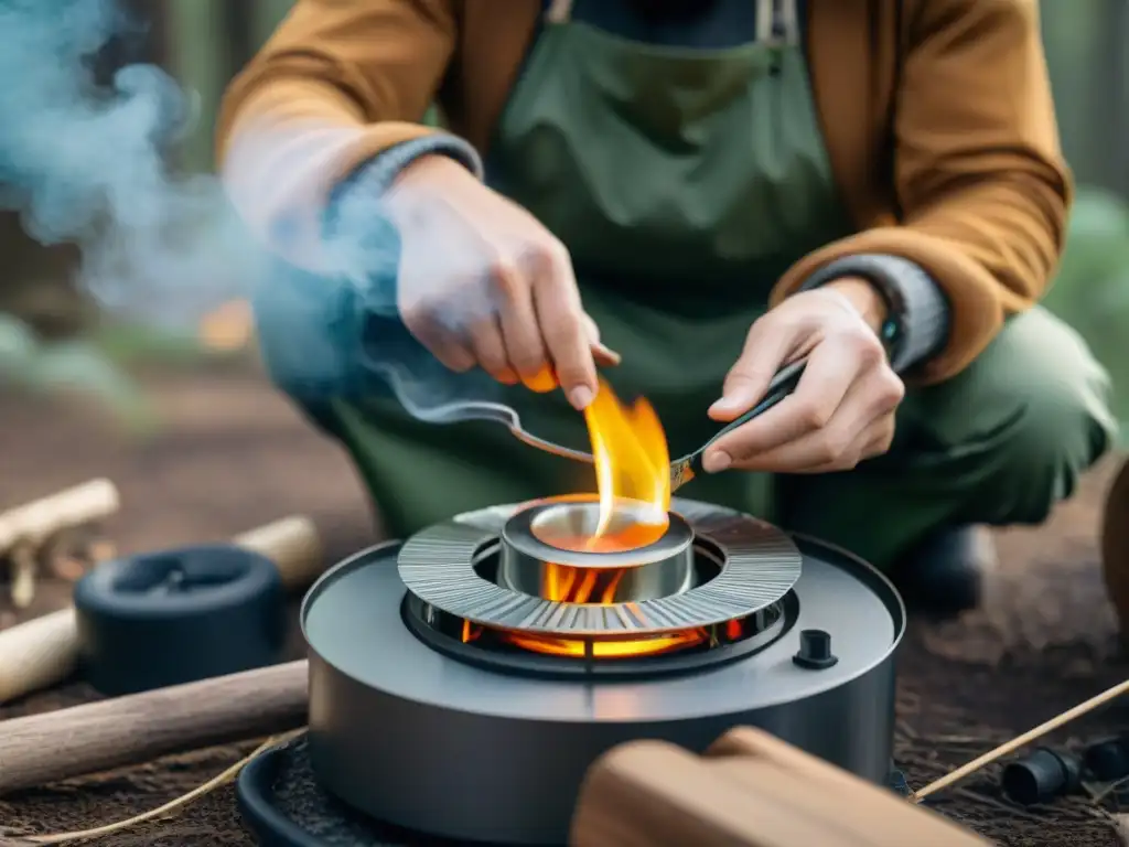 Artesano crea estufa camping con materiales reciclados, detalle meticuloso Persona creando estufa camping portátil reciclada con cuidado y precisión, en entorno natural y rústico
