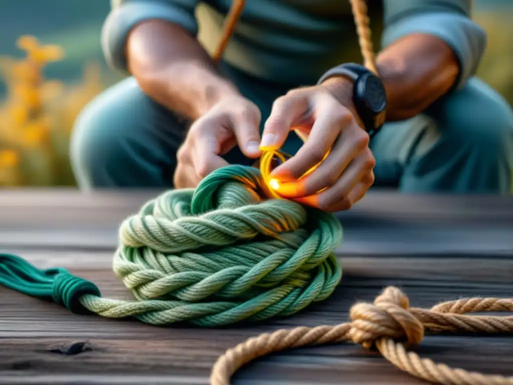 Maestro nudos de supervivencia en acción Persona experta en supervivencia atando nudo complejo en entorno natural