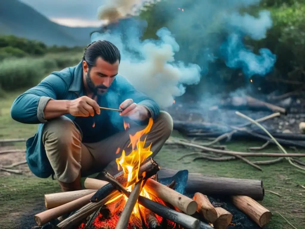 Encendiendo fogata en la naturaleza de Uruguay Persona encendiendo una fogata en la naturaleza de Uruguay, mostrando habilidades de supervivencia