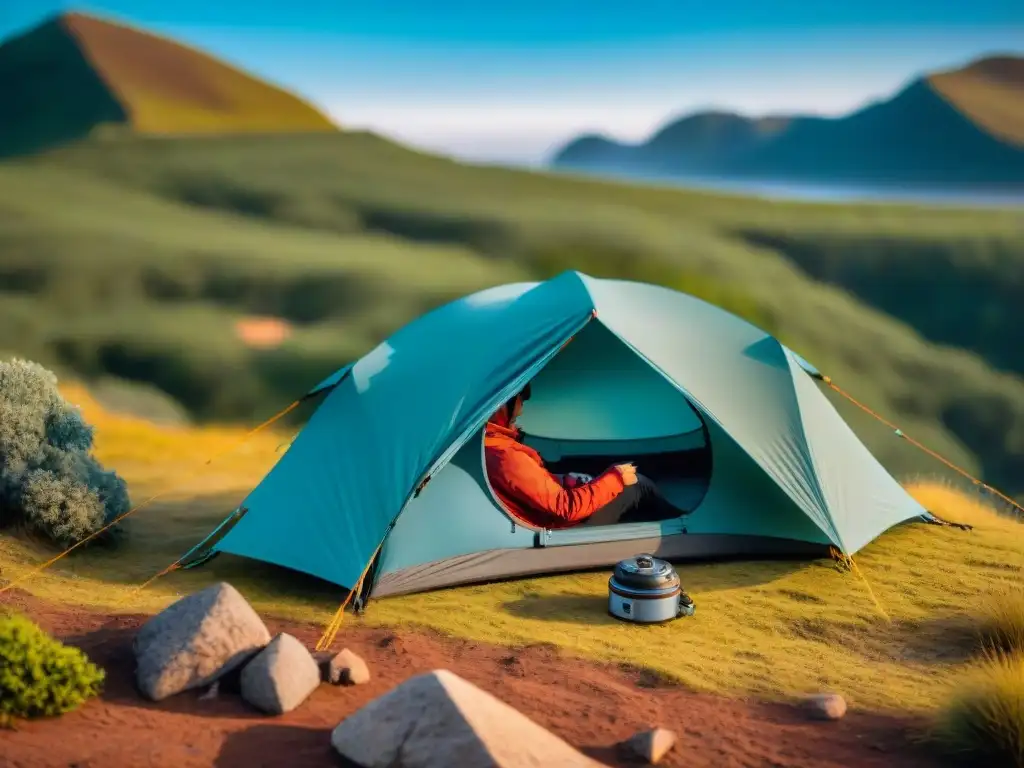 Montando tienda con multitool en la naturaleza de Uruguay Persona usando una herramienta multiusos para armar tienda de campaña en la naturaleza de Uruguay
