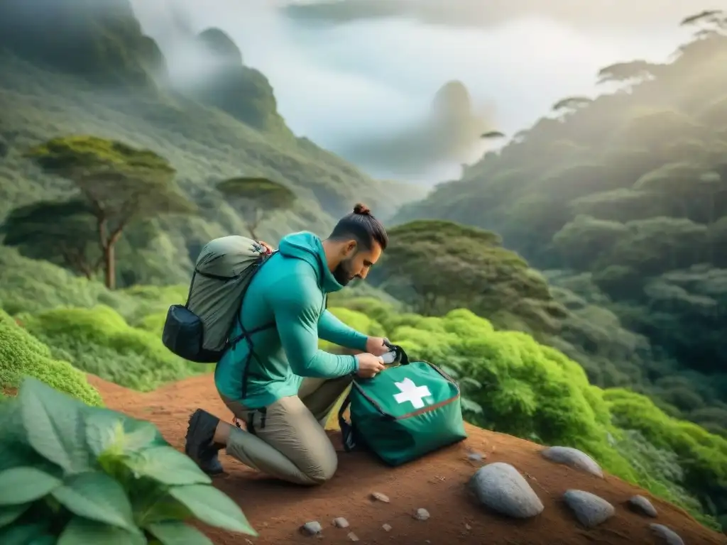 Preparación total: persona desempacando kit médico en un bosque de Uruguay Persona preparando kit de primeros auxilios en un bosque de Uruguay para camping