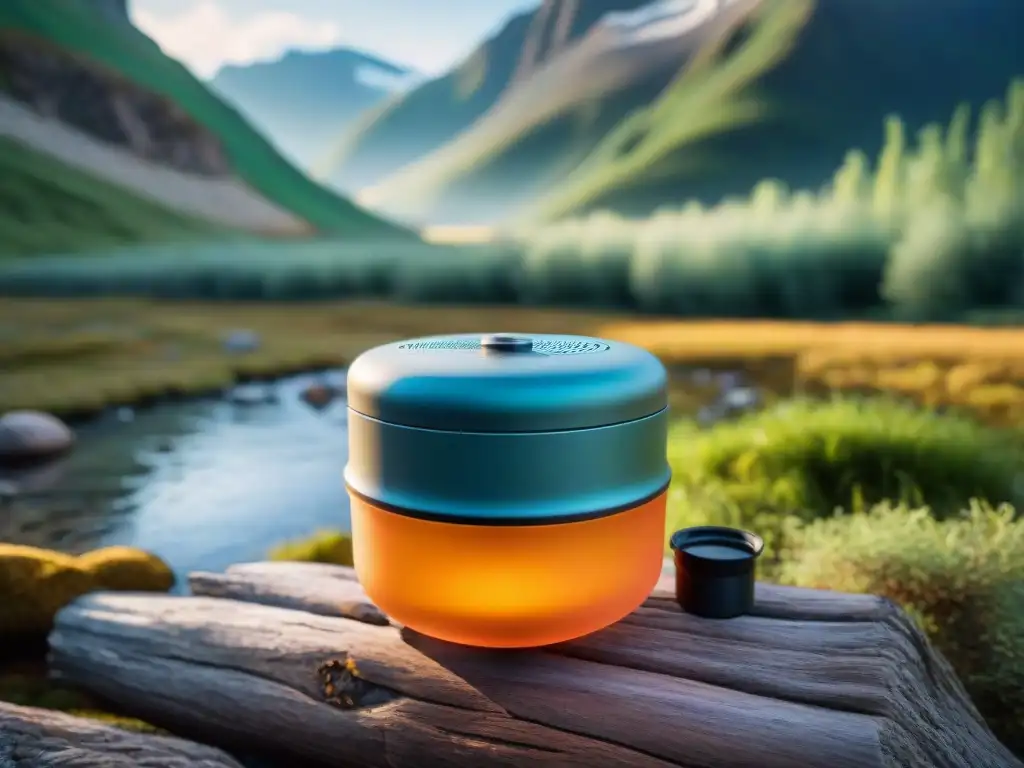 Agua pura en la naturaleza: filtración fácil en campamento Persona usando uno de los mejores sistemas de filtración camping en un entorno natural con arroyo cristalino de montaña al fondo