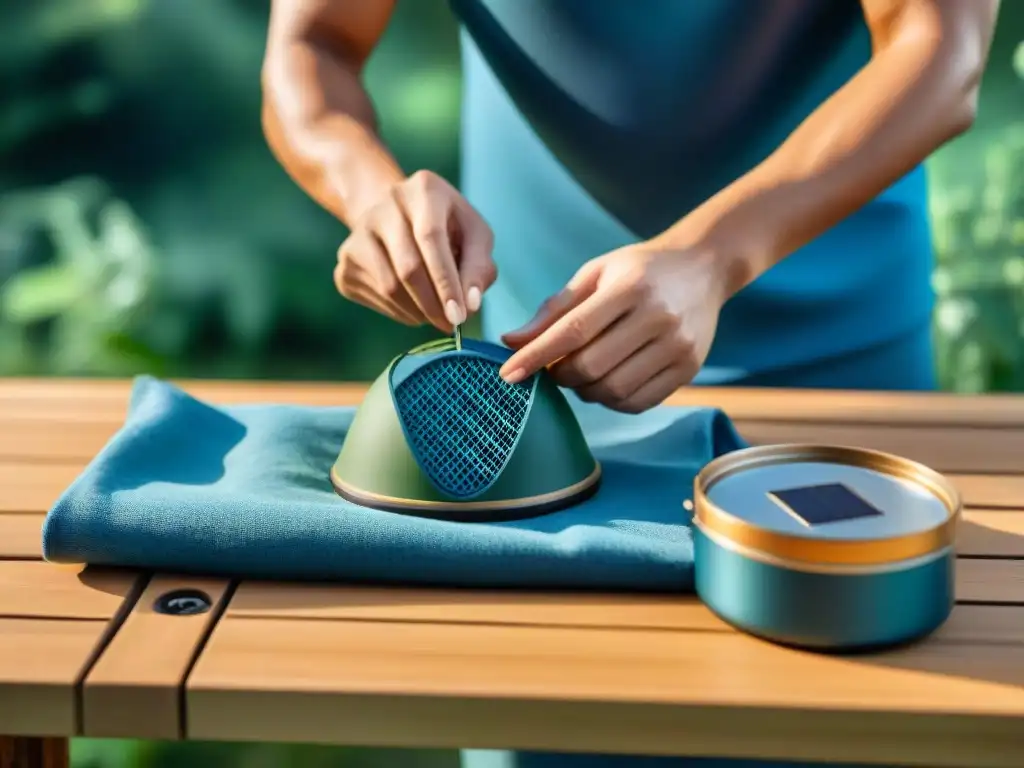 Artesano eco-friendly crea accesorios de camping en la naturaleza Persona creando productos esenciales camping ecológicos con bambú y algodón en entorno sostenible