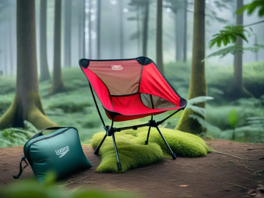 Silla de camping portátil en bosque sereno Persona relajada en asiento camping plegable ligero en bosque sereno