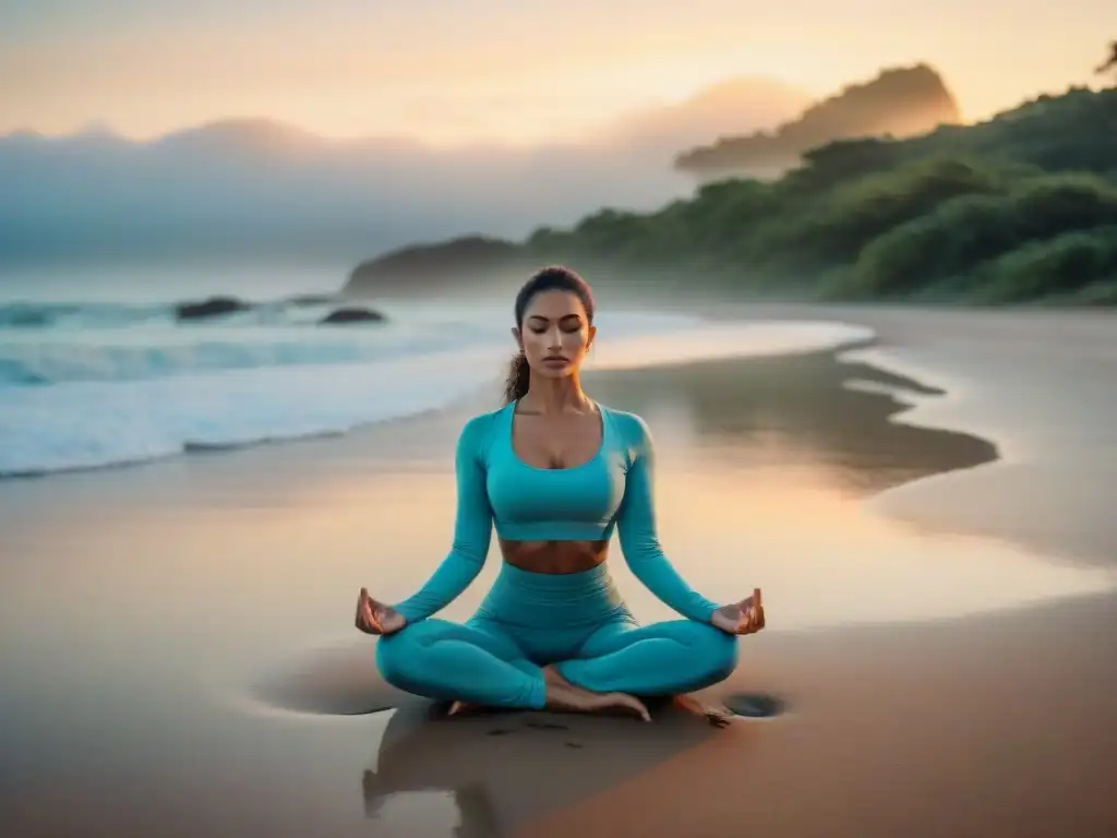 Yoga al amanecer en la playa de Uruguay Persona practicando yoga al aire libre en Uruguay al amanecer, conectando con la naturaleza y la tranquilidad del entorno
