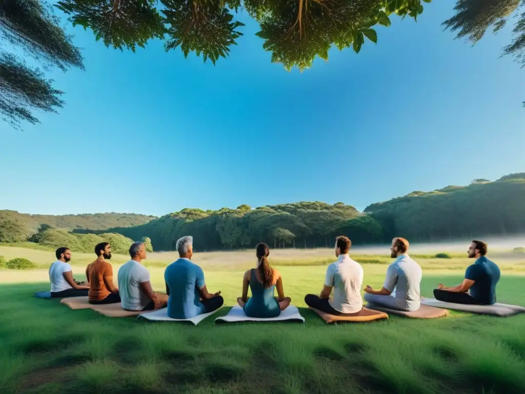 Retiro de meditación en Uruguay: conexión y paz en la naturaleza Personas meditando en círculo en un prado verde, bajo árboles altos y cielo azul