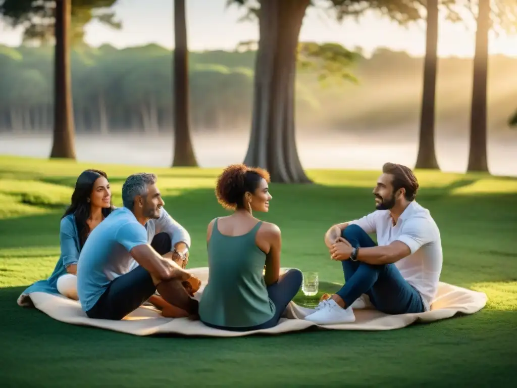 Conversación profunda en círculo en la naturaleza de Uruguay Personas diversas en círculo sobre la hierba en retiro sin tecnología en Uruguay, conectadas con la naturaleza