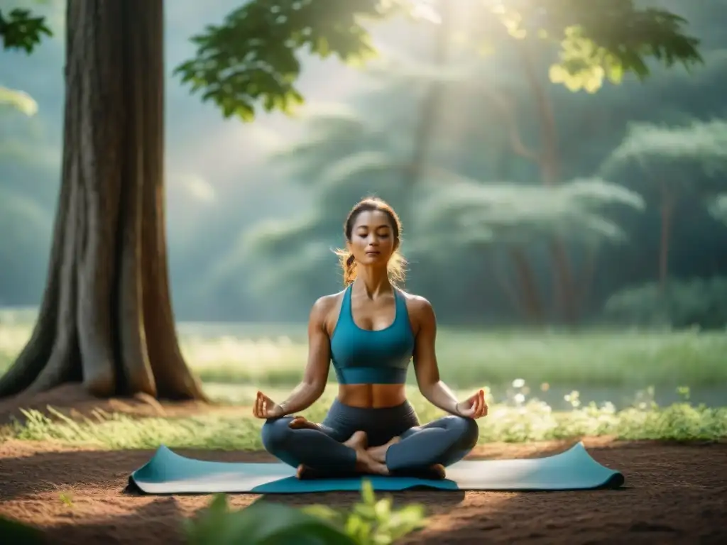 Yoga al aire libre: conexión y serenidad en la naturaleza Personas practicando yoga al aire libre en Uruguay, entre árboles con luz solar filtrándose