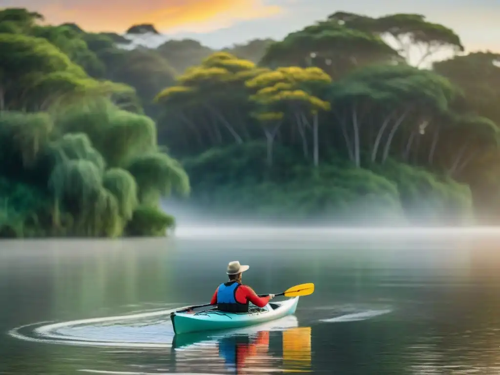 Kayaker en Uruguay: Pesca al atardecer en aguas serenas Pesca en kayak Uruguay: remando en aguas tranquilas entre la exuberante naturaleza al atardecer