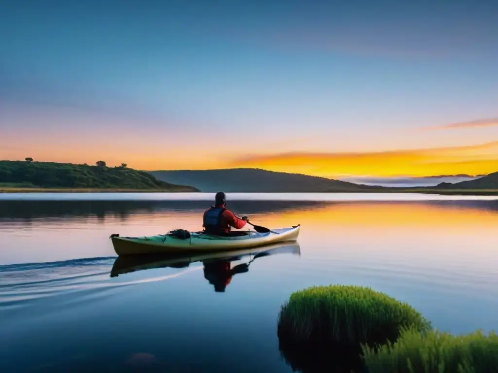 Kayaker al amanecer en Laguna Garzón, Uruguay Pesca en kayak al amanecer en Laguna Garzón, reflejando la armonía entre naturaleza y pescador dedicado en Uruguay