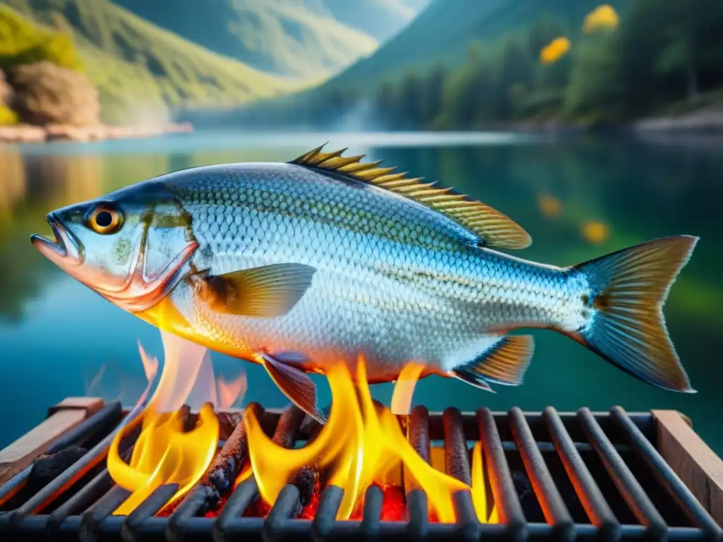 Parrillada de pescado al aire libre: detalle vibrante en la naturaleza Un pescado a la parrilla en un entorno de camping, con llama y humo