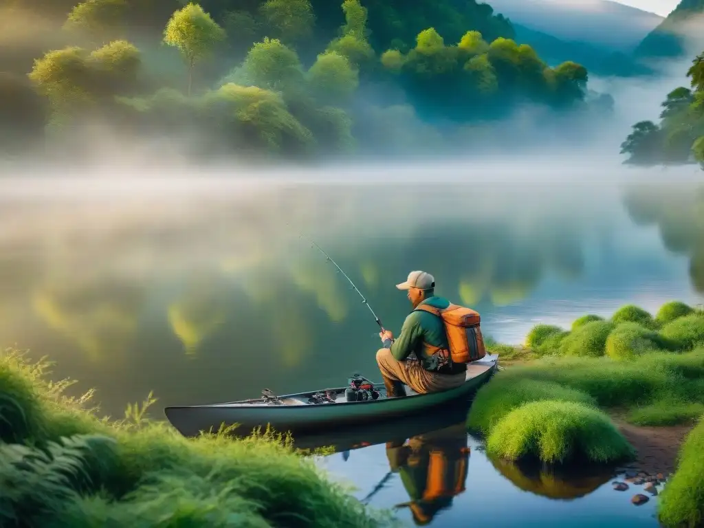 Pescador experto selecciona caña de pescar al amanecer en río sereno Un pescador experto elige equipo de pesca para camping en sereno río al amanecer