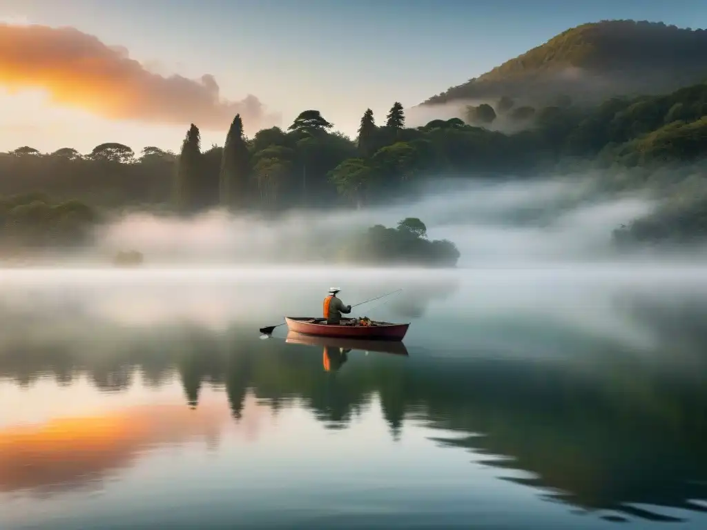 Paisaje místico: pescador al amanecer en lago uruguayo Pescador solitario en lago al amanecer en Uruguay, reflejos del sol y ambiente místico