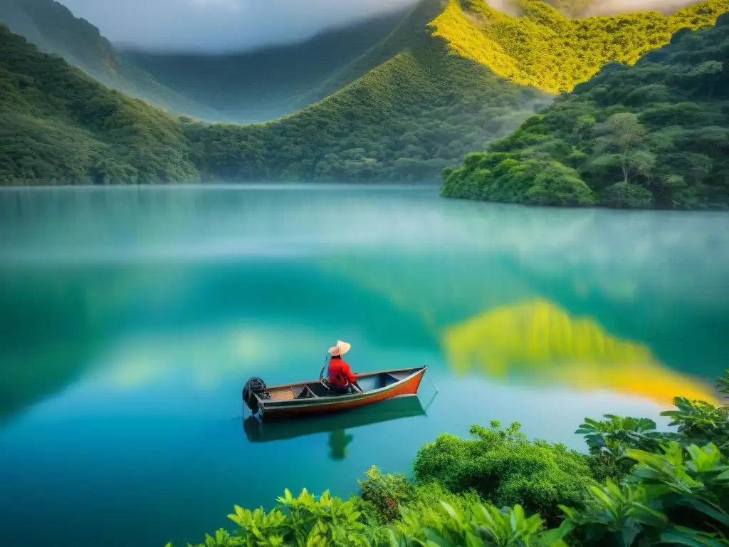 Paisaje sereno: Laguna Garzón al amanecer Un pescador solitario disfruta la serenidad de Laguna Garzón al amanecer, un lugar ideal para pescar y acampar en Uruguay
