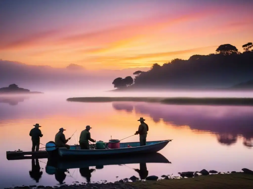 Competencia de pesca al amanecer en lago uruguayo Pescadores apasionados preparando sus equipos al amanecer para un torneo de pesca en Uruguay, con el lago sereno reflejando sus siluetas