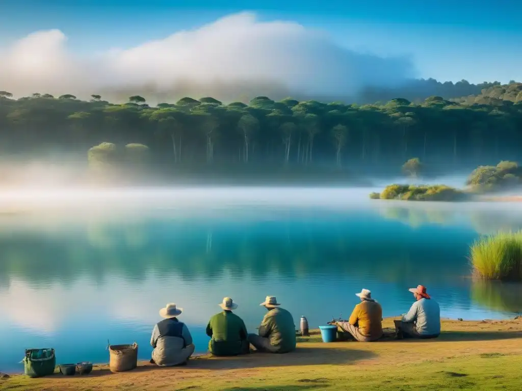 Preparativos de pescadores en lago uruguayo al amanecer Pescadores preparando sus equipos en la orilla de un lago en Uruguay antes de un torneo de pesca