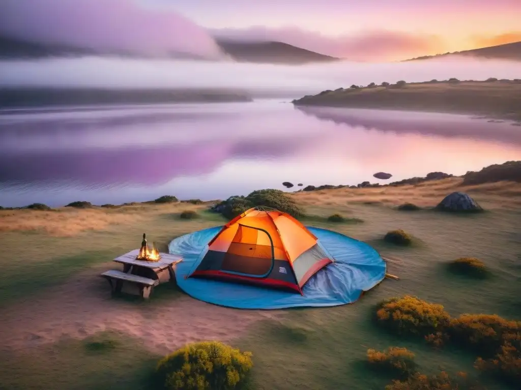 Acampada inolvidable en Uruguay: atardecer junto al lago Una pintoresca velada de camping en Uruguay con amigos junto al lago al atardecer
