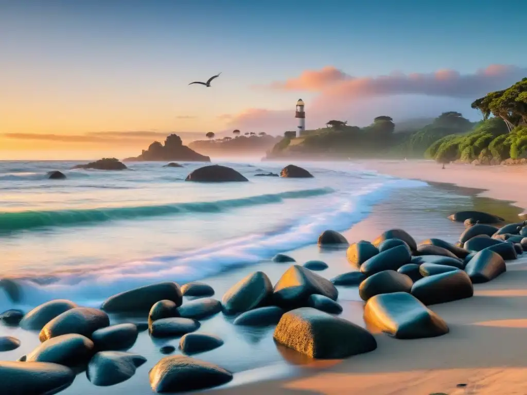 Playa virgen al amanecer en Uruguay: biodiversidad y belleza natural Playa virgen al amanecer en Uruguay con cielo colorido reflejado en el mar tranquilo