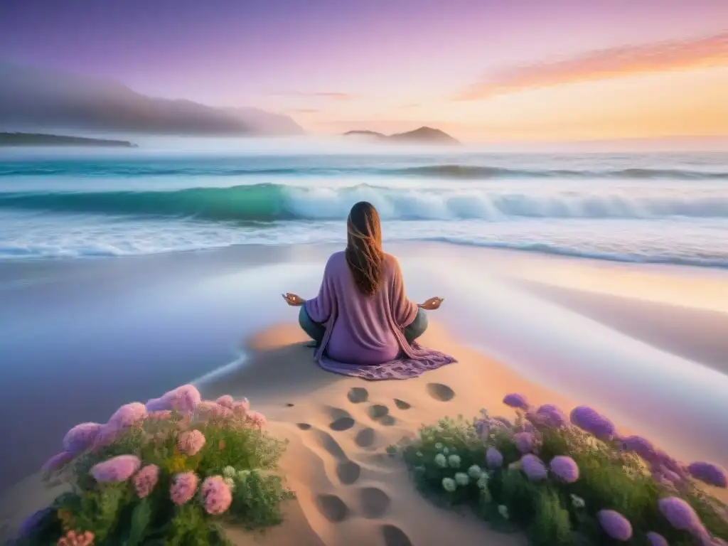 Meditación al amanecer en playa de Uruguay: paz y conexión espiritual Playa serena al amanecer en Uruguay, con figura meditando en la arena, rodeada de naturaleza exuberante y flores silvestres
