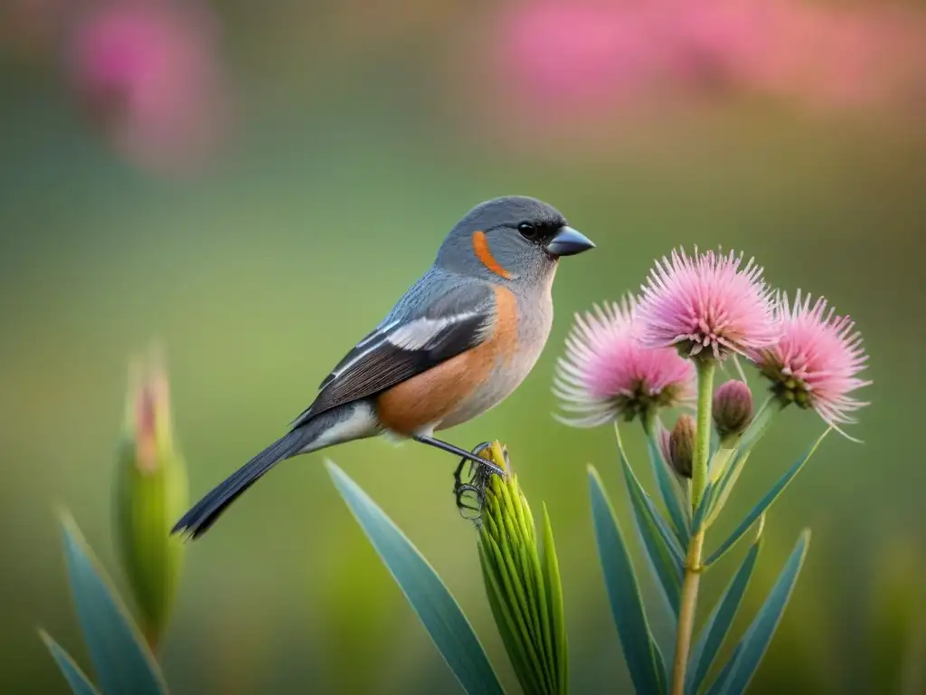 Bello Seisón Ventriblanco en flor rosa de Pantanal uruguayo Un Tawnybellied Seedeater posado en una flor rosa vibrante en Uruguay, mostrando su plumaje único en un entorno natural sereno