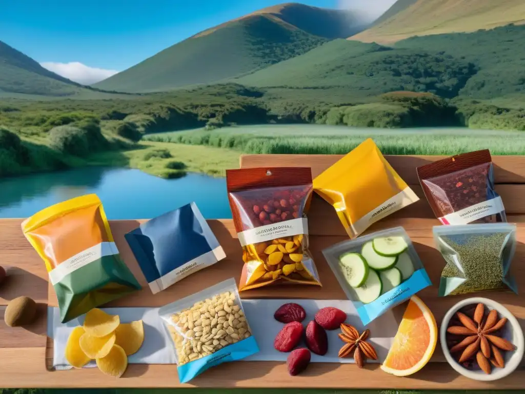 Preparativos naturales: Snacks caseros para acampar en Uruguay Preparación de snacks deshidratados para camping en Uruguay, rodeado de naturaleza exuberante y vistas pintorescas