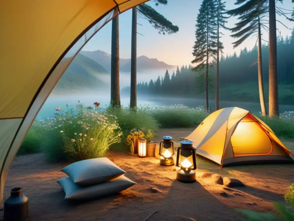 Acampar ecofriendly en un bosque verde Productos esenciales camping ecológicos en un bosque verde con tienda reciclada, utensilios biodegradables y faroles solares