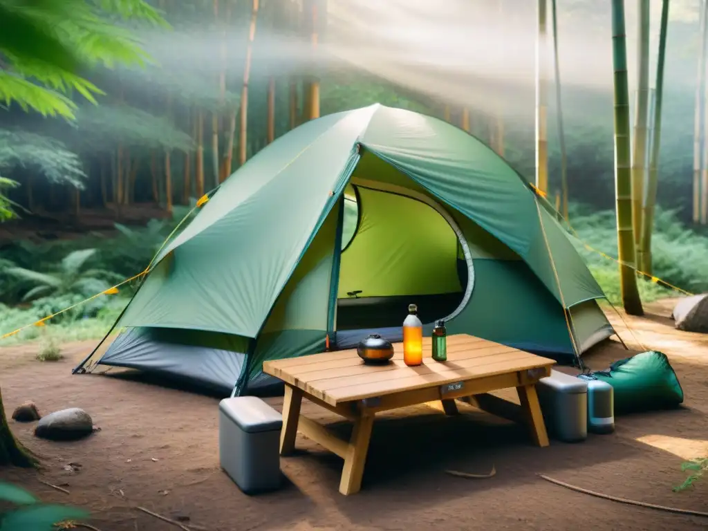 Camping ecofriendly en bosque sereno Productos esenciales camping ecológicos en acogedor campamento forestal sostenible