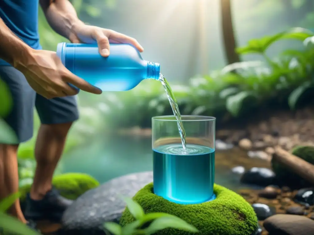 Transformación cristalina: purificador de agua en acción Un purificador de agua portátil casero filtrando agua en un entorno natural, mostrando la transformación de turbia a cristalina