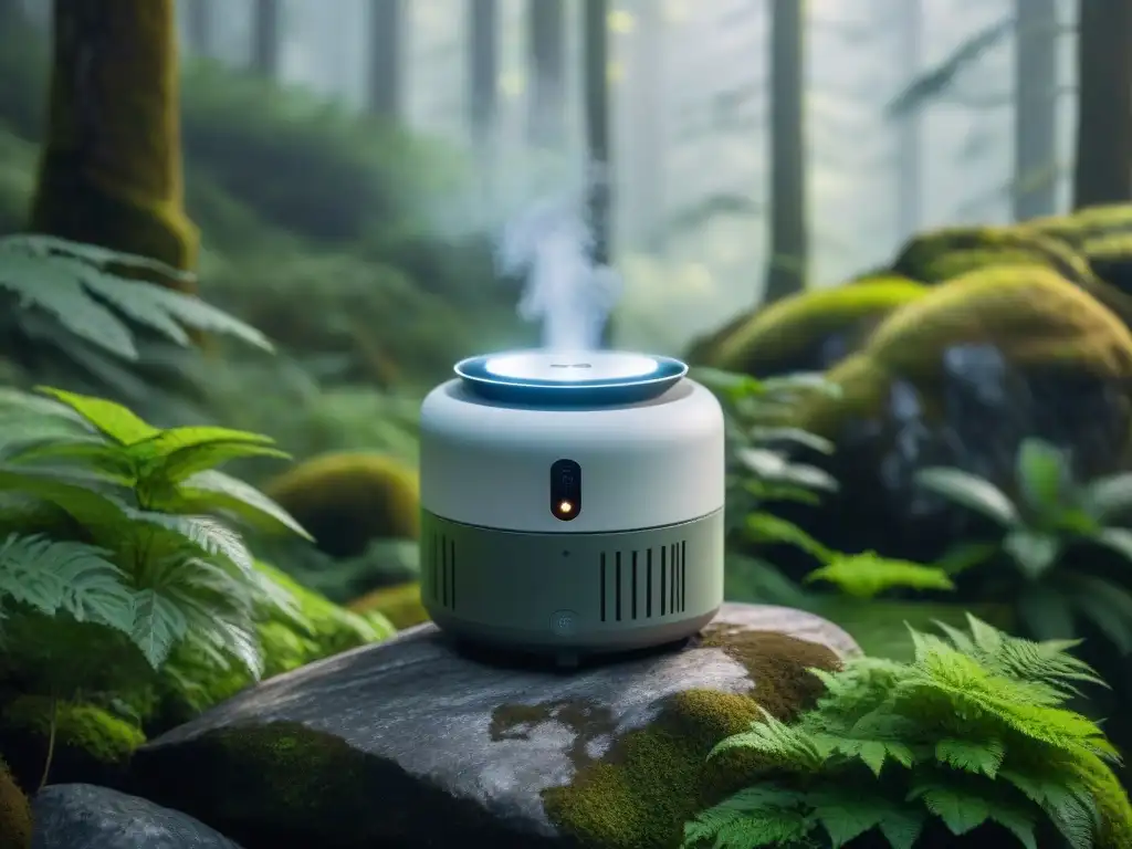 Purificador de aire portátil en el bosque Un purificador de aire portátil en un bosque, emitiendo aire puro entre musgos y árboles