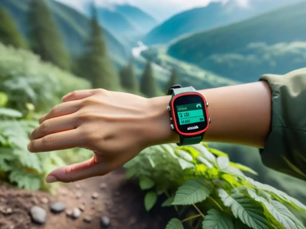 Rastreador de actividad en la naturaleza: salud y aventura Un rastreador de actividad para camping en la muñeca de un excursionista, con un bosque exuberante de fondo