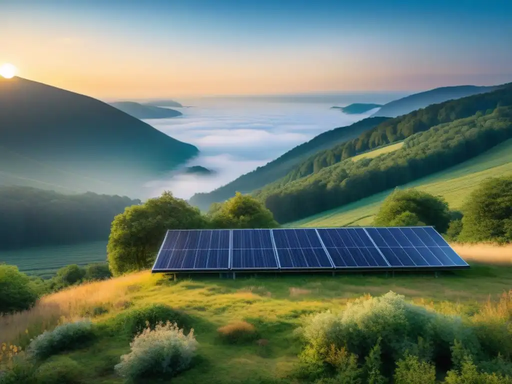 Camping sostenible al atardecer: panel solar y naturaleza en armonía Recarga dispositivos energía solar camping: Atardecer en camping con panel solar iluminado por los últimos rayos del sol, en armonía con la naturaleza