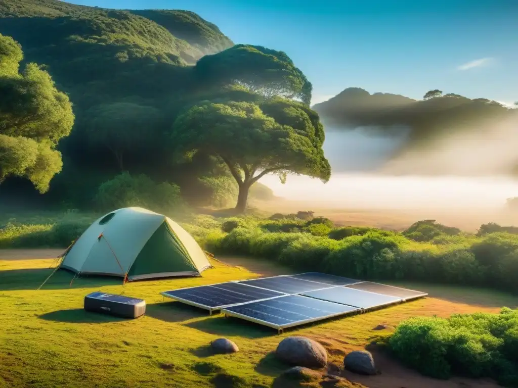 Camping sostenible en Uruguay: panel solar iluminando la naturaleza Recarga dispositivos energía solar camping en un campamento sereno en Uruguay, resaltando la armonía entre la naturaleza y la tecnología