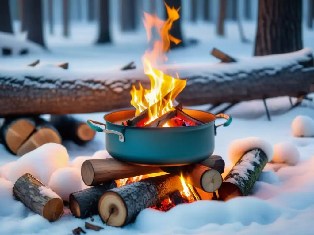 Cálido fogón invernal: estofado bajo la nieve Recetas cocina campamento invierno: Fogata acogedora en bosque nevado, con olla de guiso caliente y copos de nieve cayendo suavemente
