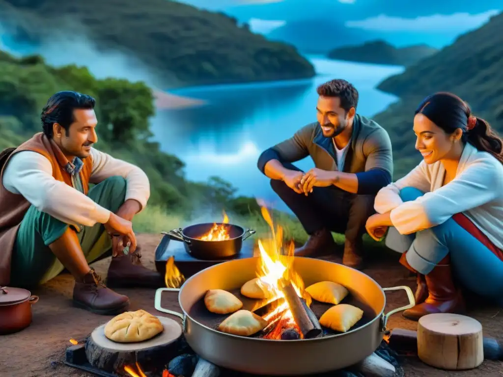 Empanadas uruguayas cocinándose en disco sobre fogata Disfrutando de recetas de empanadas uruguayas al aire libre en el camping con amigos alrededor del disco