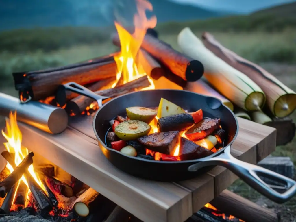 Cena uruguaya junto al fogón en la naturaleza Recetas fáciles camping Uruguay: Fogata en la naturaleza con guiso tradicional uruguayo en sartén de hierro sobre las llamas