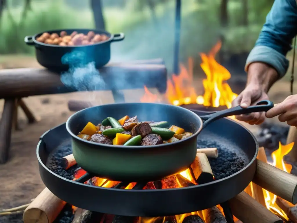 Auténtica preparación de locro en olla de hierro sobre fogata en Uruguay Recetas fáciles camping Uruguay: Cocina rústica al aire libre con locro en olla de hierro sobre fogata en bosque sereno