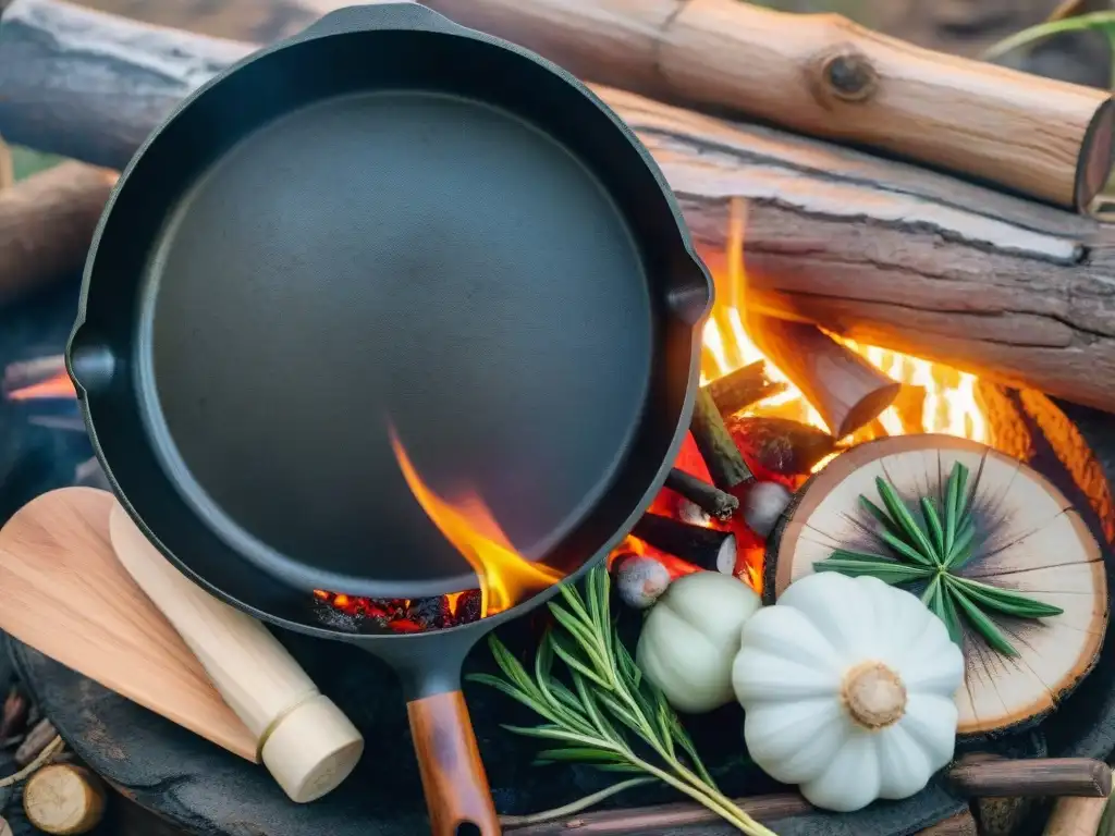 Cocina salvaje en Uruguay: sartén de hierro sobre fuego Recetas bushcraft camping Uruguay: Sartén de hierro sizzling con ingredientes en fogata en la naturaleza