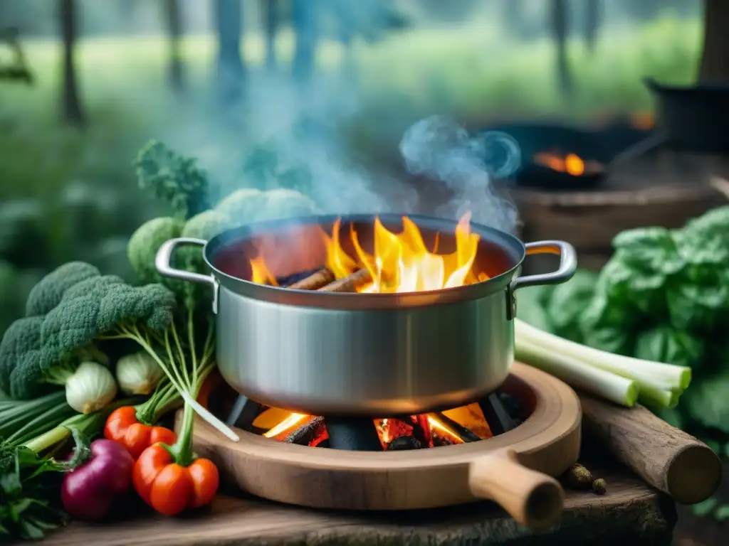 Recetas de sopas y guisos: Olla al fuego en el bosque, con verduras frescas y hierbas aromáticas