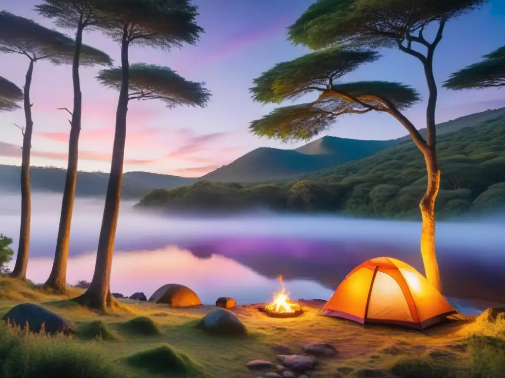 Campamento sereno en la naturaleza de Uruguay Un refugio acogedor en un campamento sereno de Uruguay, con una tienda iluminada, un fuego crepitante y un atardecer pintando el cielo